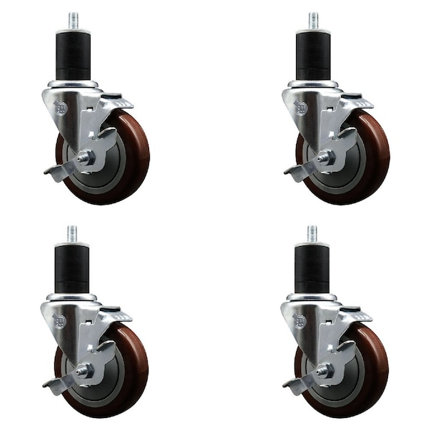 Service Caster 4'' Maroon Poly Swivel 1-3/4'' Expanding Stem Caster Set with Brake, 4PK SCC-EX20S414-PPUB-MRN-TLB-134-4 - main
